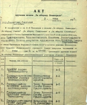 Акт вручения медали «За оборону Ленинграда». 3 июня 1943 г. ЦГА СПб. Ф. 7384. Оп. 38. Д. 909. Л. 1, 17 об.