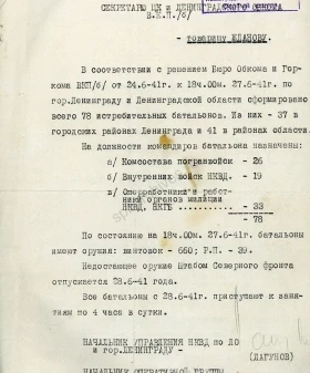 Докладная записка начальника Управления НКВД по Ленинградской области Н. М. Лагунова секретарю Ленинградского ОК и ГК ВКП(б) А. А. Жданову о формировании истребительных батальонов. 27 июня 1941 г. ЦГАИПД СПб. Ф. Р-8671. Оп. 1. Д. 4. Л. 2