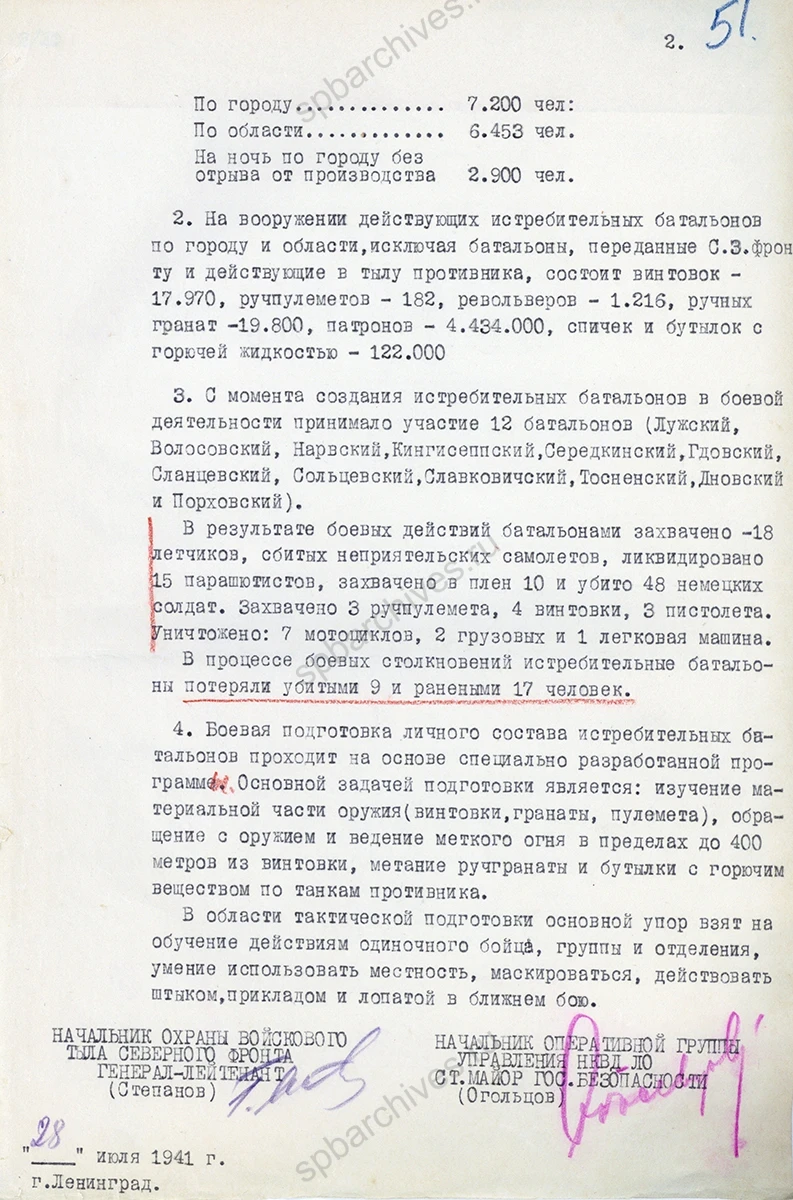 Докладная записка секретарю ЛОК и ЛГК ВКП(б) А. А. Жданову о формировании, вооружении и боевой подготовке истребительных батальонов НКВД. 28 июля 1941 г. ЦГАИПД СПб. Ф. Р-8671. Оп. 1. Д. 4. Л. 50, 51