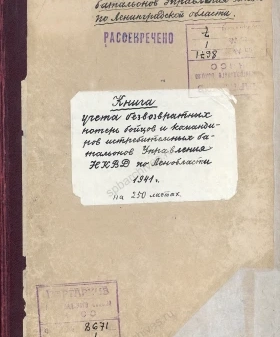 Книга учета безвозвратных потерь истребительных батальонов УНКВД Ленинградской области. 1941 г. ЦГАИПД СПб. Ф. Р-8671. Оп. 1. Д. 6. Обложка дела, Л. 36 об., 37