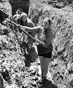 Работницы фабрики «Равенство» роют щели в Кировском районе. 27 июня 1941 г. Фотограф Г. И. Чертов. ЦГАКФФД СПб. Ар 8881