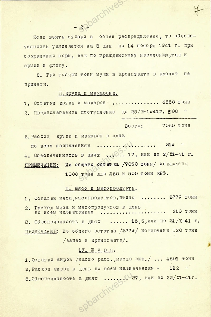 Справка секретаря Ленинградского ГК ВКП(б) по торговле и промышленности П. Г. Лазутина и заведующего отделом торговли исполкома Ленгорсовета И. А. Андреенко секретарю ЦК ВКП(б), секретарю Ленинградского ОК и ГК ВКП(б) А. А. Жданову о запасах продовольствия на 16 октября 1941 г. 17 октября 1941 г. ЦГАИПД СПб. Ф. Р-24. Оп. 2б. Д. 890. Л. 6–8.