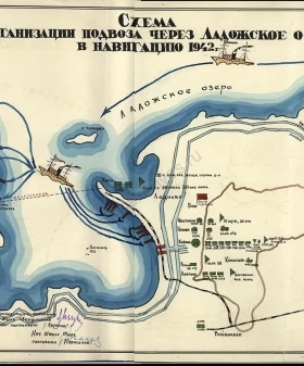 Схема организации подвоза через Ладожское озеро в навигацию 1942 г. 1942 г. ЦГАИПД СПб. Ф. Р-24. Оп. 2в. Д. 1336. Л. 44