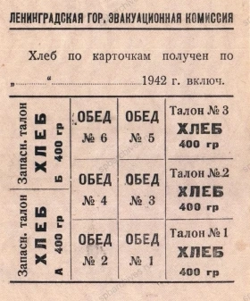 Карточка на питание эвакуируемого. Ленинградская городская эвакуационная комиссия. 1942 г. Государственный мемориальный музей обороны и блокады Ленинграда. КП 19893