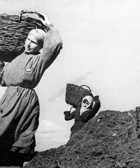 Погрузка фрезерного торфа для Ленинграда в вагоны. Июнь 1942 г. Фотограф В. С. Тарасевич. ЦГАКФФД СПб. Ар 27257