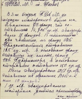 Рапорт начальника секретного отдела ГИАЛО Е.Н. Мухиной начальнику отдела секретных фондов УНКВД ЛO Шаевич о количестве эвакуированных фондов и дел. 11 июля 1942 г. ЦГИА СПб. Фонд архива учреждения. Oп. 9. Д. 67. Л. 1.
                                                            