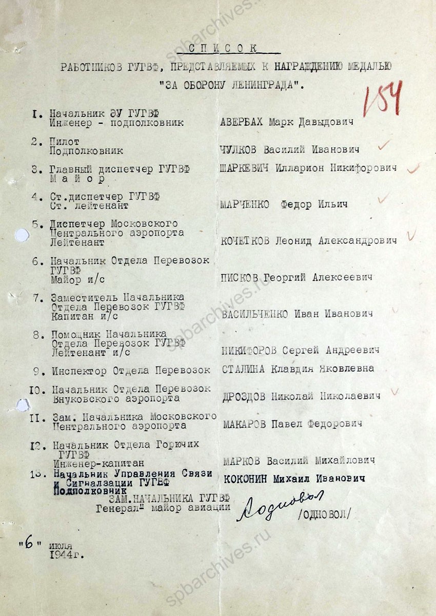 Ходатайство заместителя начальника Главного управления гражданского воздушного флота «Аэрофлот» А.К. Одновол председателю Ленгорисполкома П.С. Попкову о награждении медалью «За оборону Ленинграда» сотрудников, участвовавших в эвакуации из Ленинграда, с приложением списка. 7 июля 1944 г. ЦГА СПб. Ф. 7384. Оп. 38. Д. 1а. Л. 153−155.
                                                            