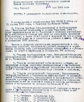 Решение Алтайского крайисполкома «О реэвакуации ленинградских детских интернатов». 31 мая 1945 г. ГААК. Ф. 834. Оп. 1. Д. 234. Л. 176−177.
                                                            