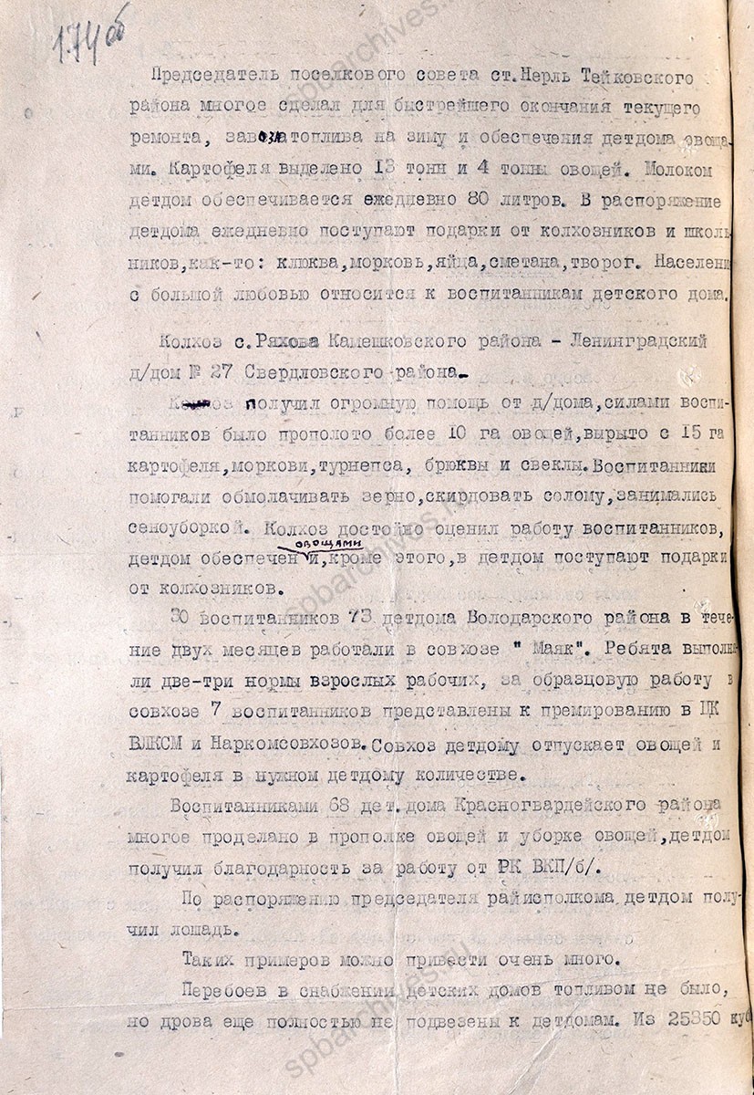 Докладная записка уполномоченного Ленгорисполкома по Ивановской области М.В. Дынкевича о состоянии эвакуированных детских домов и их подготовке к зиме. 14 октября 1942 г. ЦГА СПб. Ф. 7384. Оп. 17. Д. 667. Л. 174−175об.
                                                            