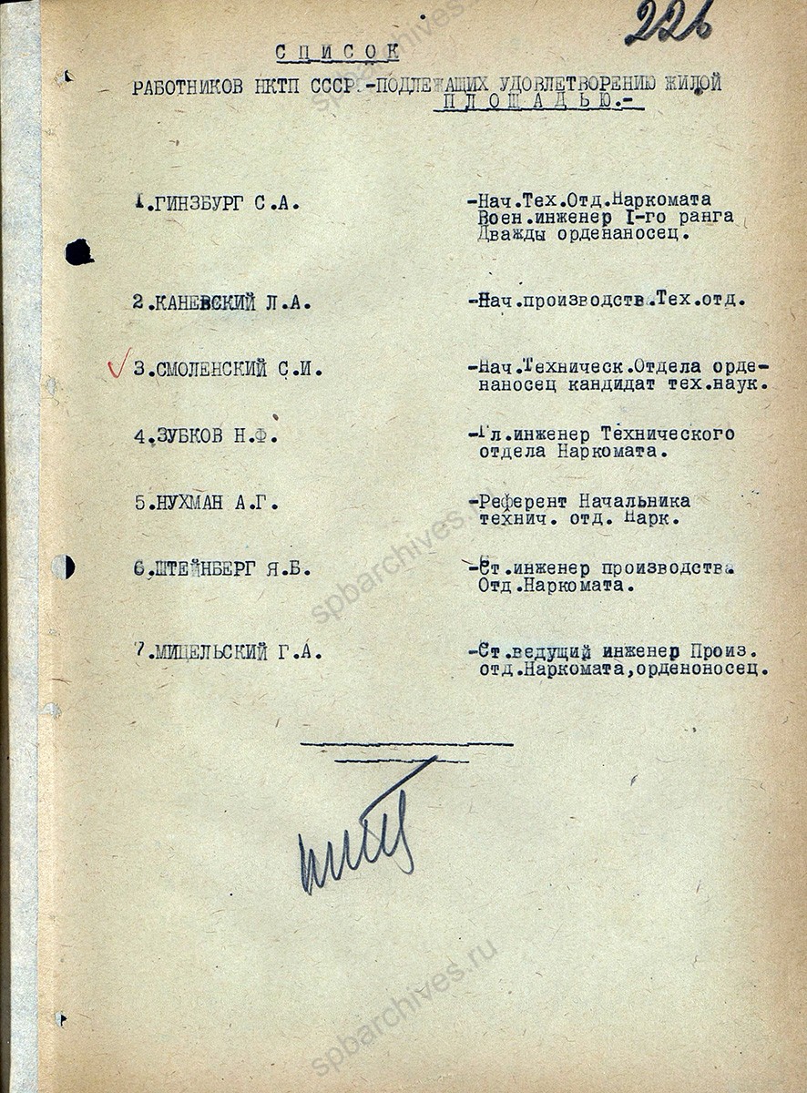 Решение Исполкома Моссовета № 10/43 от 1 мая 1942 г. по ходатайству Наркомата танковой промышленности о выделении жилой площади работникам наркомата, вызванным с заводов Ленинграда, с приложением. Главархив Москвы, ЦГА Москвы. Ф. Р-150. Oп. 1. Д. 752. Л. 225−229.
                                                            