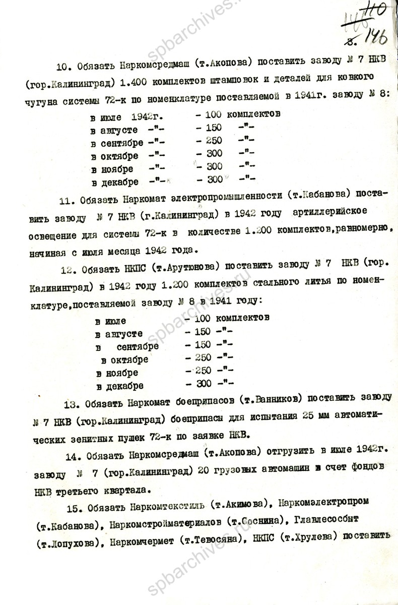 Проект Постановления Государственного Комитета Обороны о переводе ленинградского завода № 7 имени М.В. Фрунзе на площадь бывшего завода № 8 в Калининград Московской области, с приложением ведомости материалов, подлежащих поставке заводу № 7. Май 1942 г. Главархив Москвы. ЦГА Москвы. Ф. П-3. Oп. 52. Д. 15. Л. 144−150.
                                                            