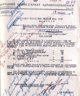 Письмо заместителя Народного комиссара здравоохранения СССР А.Г. Натрадзе председателю Ленгорисполкома П.С. Попкову о реэвакуации в Ленинград и распределении по предприятиям наркомата рабочих и служащих. 19 сентября 1944 г. ЦГА СПб. Ф. 327. Оп. 10. Д. 3. Л. 62.