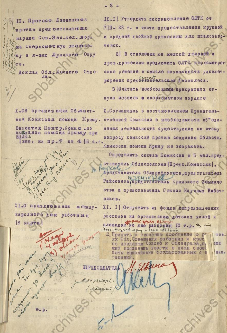 Протокол заседания Исполкома Леноблсовета об организации Комиссии помощи Крыму после землетрясения. 1928. ЦГА СПб