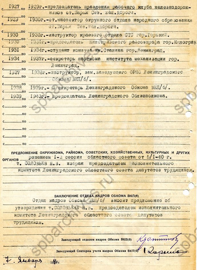 Документы из личного дела члена ВКП(б) Н.В. Соловьева. 1937-1946. ЦГАИПД СПб
