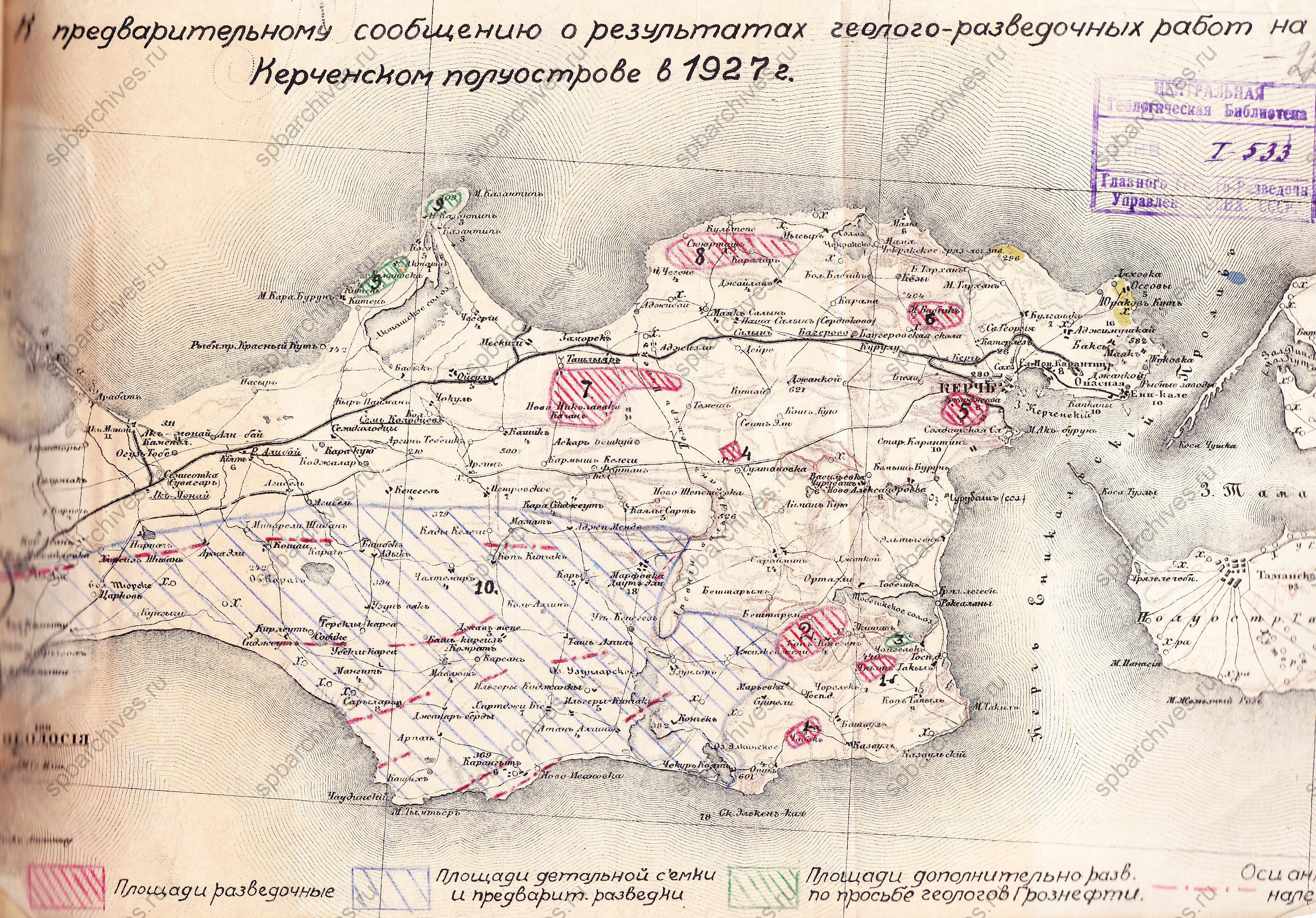 Карта геолого-разведочных работ на Керченском полуострове в 1927 г. ЦГАНТД СПб