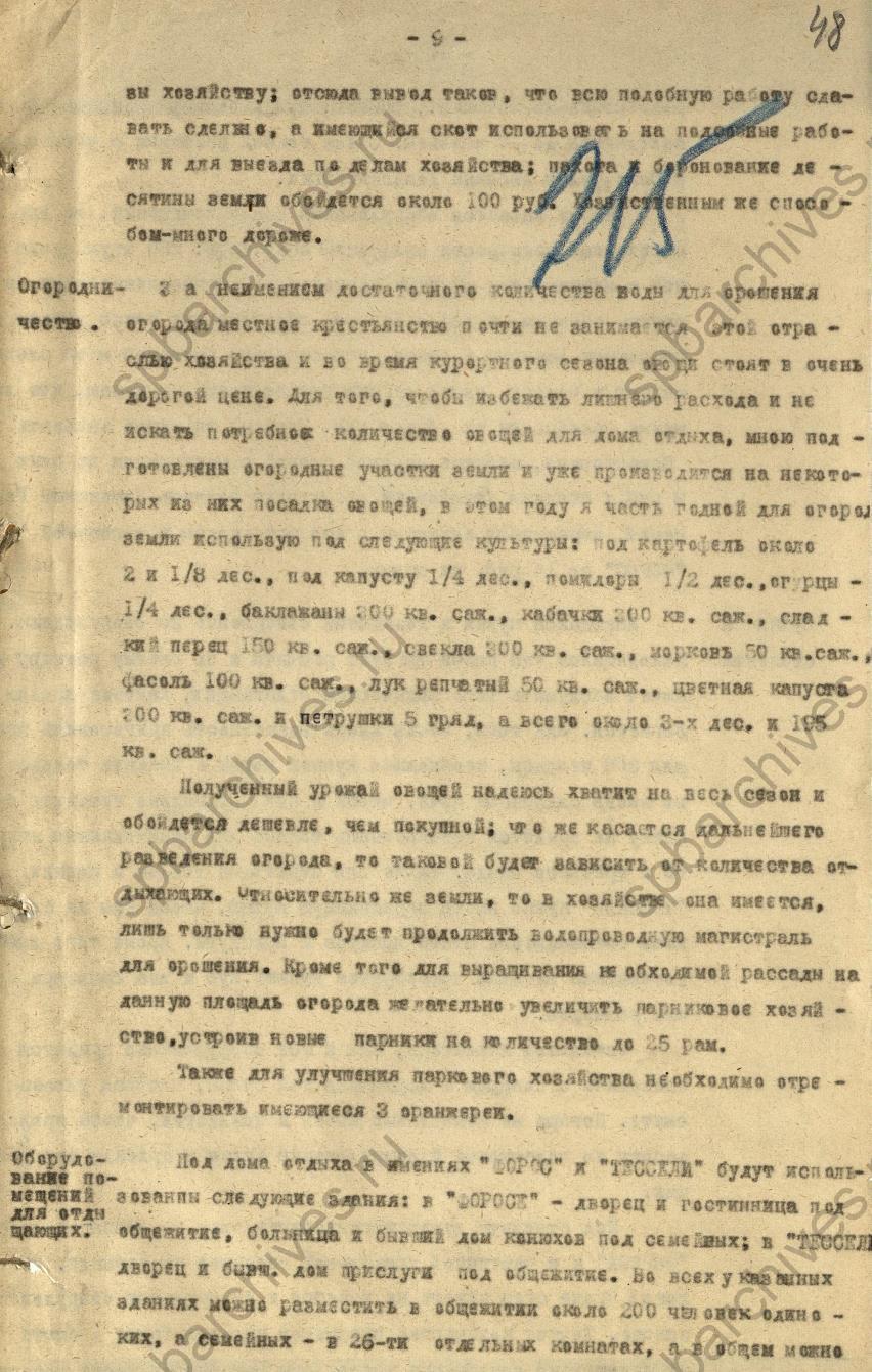 Доклад треста «Ленинградтекстиль» о состоянии арендованных в Крыму имений «Форос» и «Тессели». 1925. ЦГА СПб