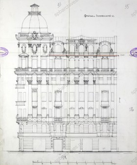 Чертёж дома. Фасад по Виленскому переулку. 1910-е гг. ЦГИА СПб. Ф. 513. Оп. 102. Д. 4077. Л. 57–60.
                                                