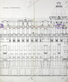 Чертёж дома. Фасад по Знаменской улице. 1910-е гг. ЦГИА СПб. Ф. 513. Оп. 102. Д. 4077. Л. 53–56.
                                                