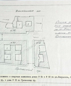 Схема расположения домов на ул. Некрасова, д. 58, д. 60, лит. А., Греческом пр., д. 12., лит. А. 1990 г. ЦГАНТД СПб. Ф. 488. Оп. 2-2. Д. 71. Л. 2.
                                                    