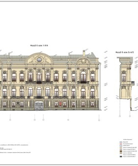 Лицевой фасад в осях А-Б/2, 1-9/A, Б-А/5 и брандмауэр в осях А-В/9. Проект ремонта и реставрации фасадов. 2020 г. Из коллекции ООО «Ажио».
                                                    
