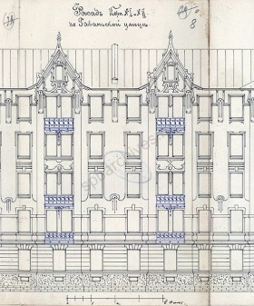 Чертёж дома. Фасад по Гаванской улице. 1904–1914 гг. ЦГИА СПб. Ф. 513. Оп. 102. Д. 1346. Л. 7–9.
                                                    