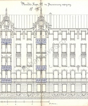 Чертёж дома. Фасад по Наличному переулку. 1904–1914 гг. ЦГИА СПб. Ф. 513. Оп. 102. Д. 1346. Л. 10–13.
                                                    