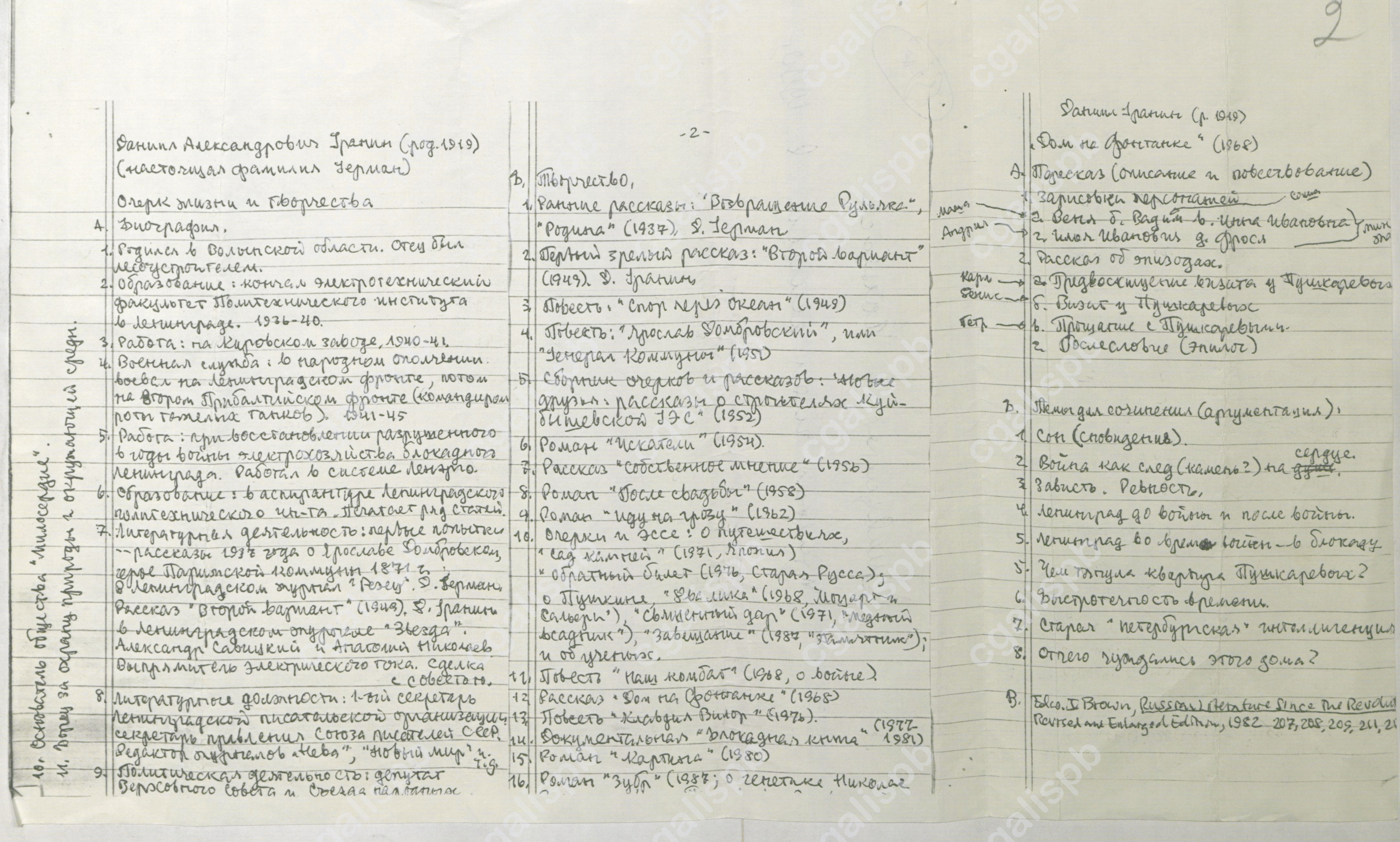 Гранин Д.А. Список литературных произведений, созданных писателем. Фрагмент автобиографии. Автограф. 14 сентября 1991 года. <br /> ЦГАЛИ СПб. Ф. 107. Оп. 5. Д. 483. Л. 2
