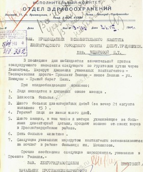 Письмо заведующего Ленгорздравотдела В.С. Никитского заместителю председателя Ленгорисполкома Е.Т. Федоровой с предложением принять решение горисполкома о мероприятиях по обслуживанию населения, эвакуируемого через Ленинград; приложен проект решения. 27 июля 1941 г. ЦГА СПб. Ф. 7384. Оп. 17. Д. 378. Л. 292−293.