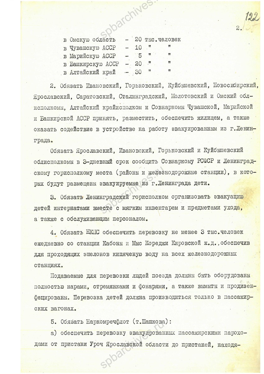 Постановление СНК ССР Об эвакуации населения из Ленинграда в весенне-летний период 1942 г. 1942 г. РГАНИ. Ф 3. Оп. 50. Д. 430. Л. 121−125.