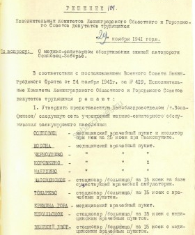 Совместное решение Ленгорисполкома и Леноблисполкома о медико-санитарном обслуживании зимней автодороги Осиновец-Заборье. 29 ноября 1941 г. ЦГА СПб. Ф. 7179. Оп. 53−1. Д. 32. Л. 361−363.