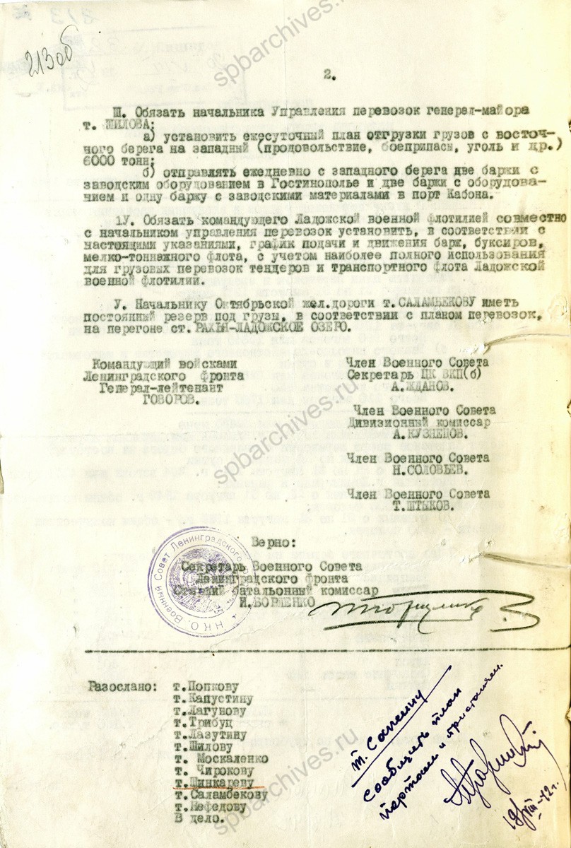 Постановление Военного совета Ленфронта о плане перевозок грузов и эвакуации населения через Ладожское озеро с 21 по 31 августа 1942 г. 19 августа 1942 г. ЦГА СПб. Ф. 2141. Оп. 39. Д. 11. Л. 213−213 об.