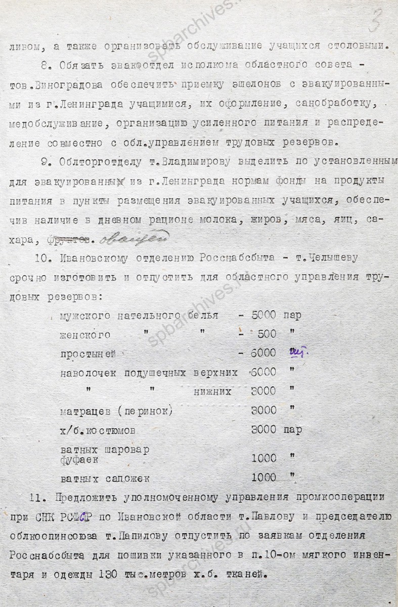 Постановление Ивановского облисполкома о приеме и размещении в области 3 тыс. учащихся школ ФЗО, ремесленных и железнодорожных училищ, эвакуированных из Ленинграда. 20 февраля 1942 г. ГАИО. Ф. 1510. Оп. 1. Д. 2160. Л. 2−4.