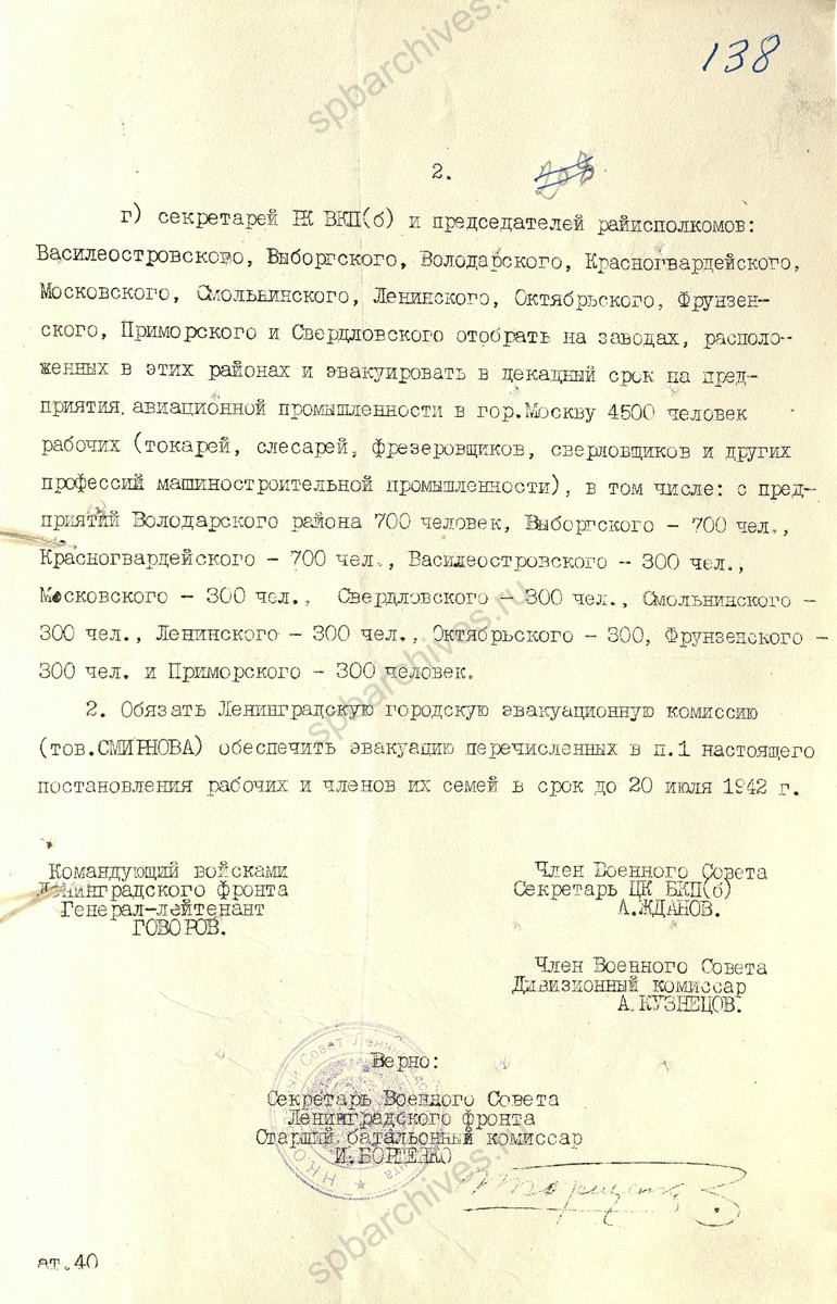 Постановление Военного совета Ленинградского фронта об эвакуации рабочих из Ленинграда на предприятия авиационной промышленности. 11 июля 1942 г. ЦГА СПб. Ф. 2141. Оп. 39. Д. 11. Л. 137.