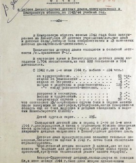 Отчет уполномоченного Ленгорисполкома по Кемеровской области Л.А. Григорьевой о работе эвакуированных ленинградских детских домов в 1943/1944 учебном году. 3 июля 1944 г. ЦГА СПб. Ф. 7384. Оп. 17. Д. 1246. Л. 43−54.