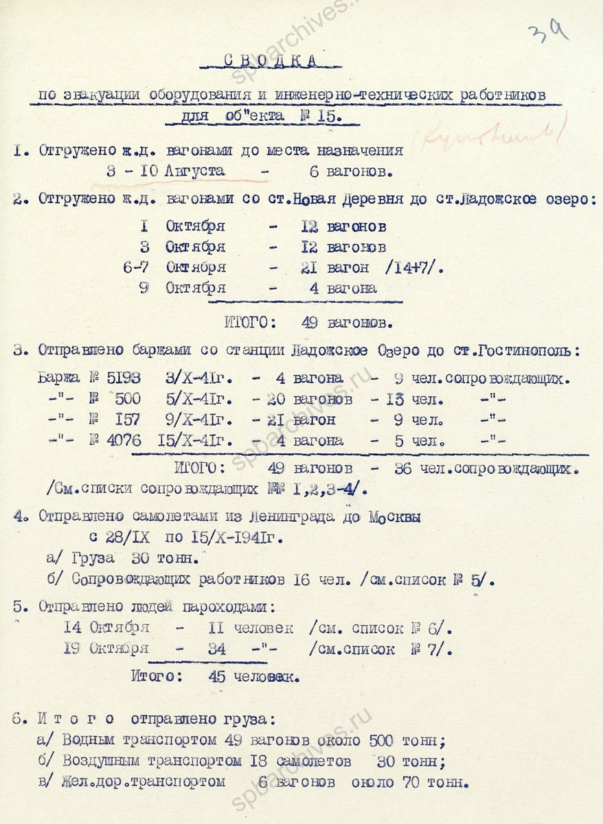 Докладная записка и справка заместителя директора завода № 327 в Наркомат электропромышленности СССР об эвакуации в г. Куйбышев оборудования объекта № 15. 1941 г. РГАЭ. Ф. 8848. Оп. 1. Д. 189 Л. 38−40.
