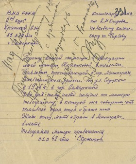 Заявление курсанта 2-го курса С.Н. Красикова комиссару Военно-медицинской академии им. С.М. Кирова с просьбой эвакуировать его мать из Ленинграда в г. Самарканд с приложением телеграммы. Март 1942 г. ЦА МО. Ф. 60728. Оп. 36349. Д. 9. Л. 331−332.