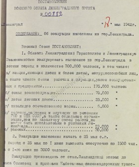 Постановление Военного совета Ленфронта об эвакуации населения из Ленинграда. 18 мая 1942 г. ЦА МО. Ф. 217. Оп. 1258. Д. 95. Л. 3−7.
