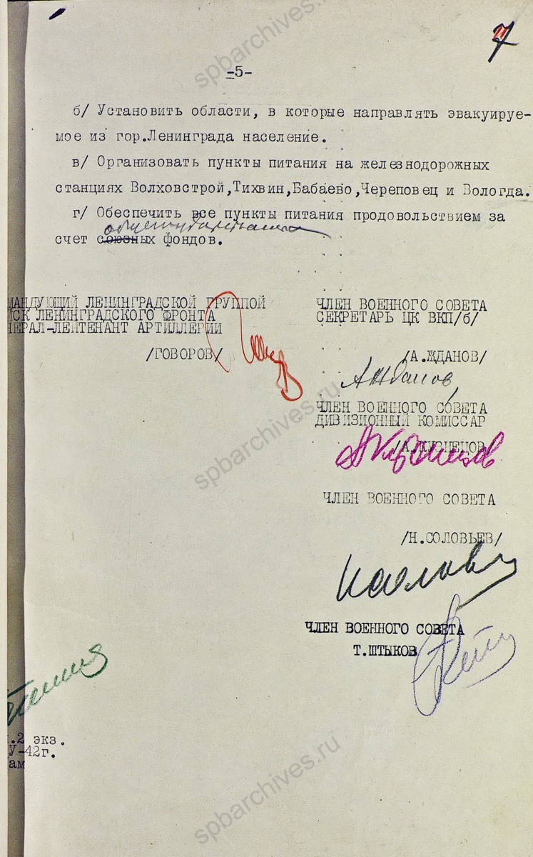 Постановление Военного совета Ленфронта об эвакуации населения из Ленинграда. 18 мая 1942 г. ЦА МО. Ф. 217. Оп. 1258. Д. 95. Л. 3−7.