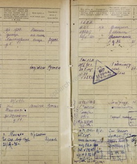 Запись о возвращении А.А. Ахматовой в Ленинград. Из домовой книги дома 34 по наб. р. Фонтанки. 1944 г. ЦГА СПб. Ф. 7965. Оп. 117. Д. 2448. Л. 14-15.