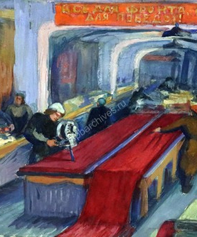 М.М. Джагупова. Этюд из серии «Фабрика «Пермьодежда», написанный в эвакуации в Перми. 1943 г. Бумага, темпера. ЦГАЛИ СПб. Ф. 173. Оп. 1. Д. 98. Л. 21.