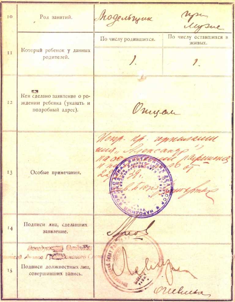 Запись о рождении Анархиста Мартиновича Довгалева с отметкой об изменении в 1939 г. имени на «Александр». 1923 г. ЦГА СПб. Запись о рождении Анархиста Мартиновича Довгалева с отметкой об изменении в 1939 г. имени на «Александр». 1923 г. ЦГА СПб.