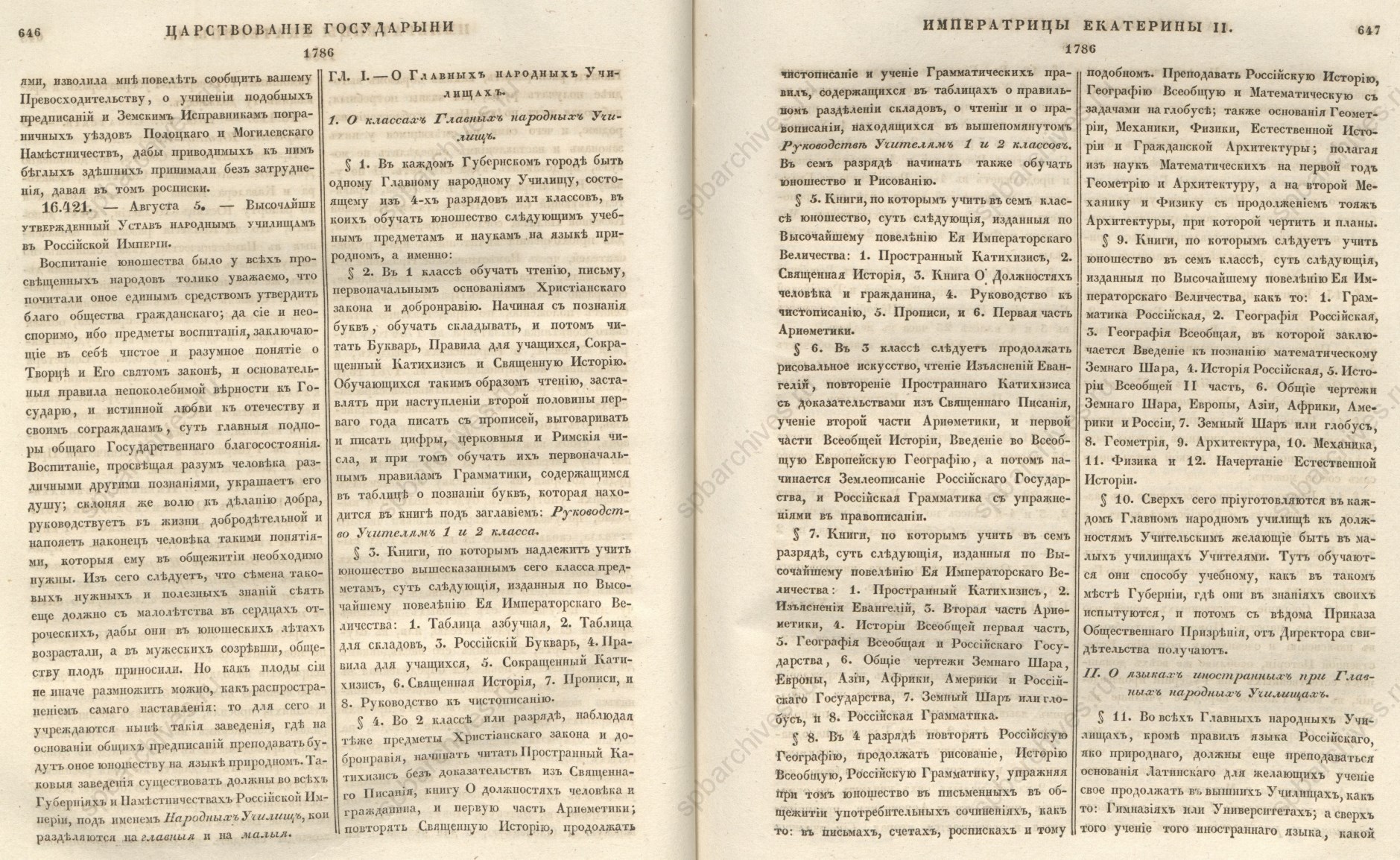 Программа обучения  главных народных училищ – из Устава народных училищ Российской империи. 1786. Полное собрание законов Российской империи. 