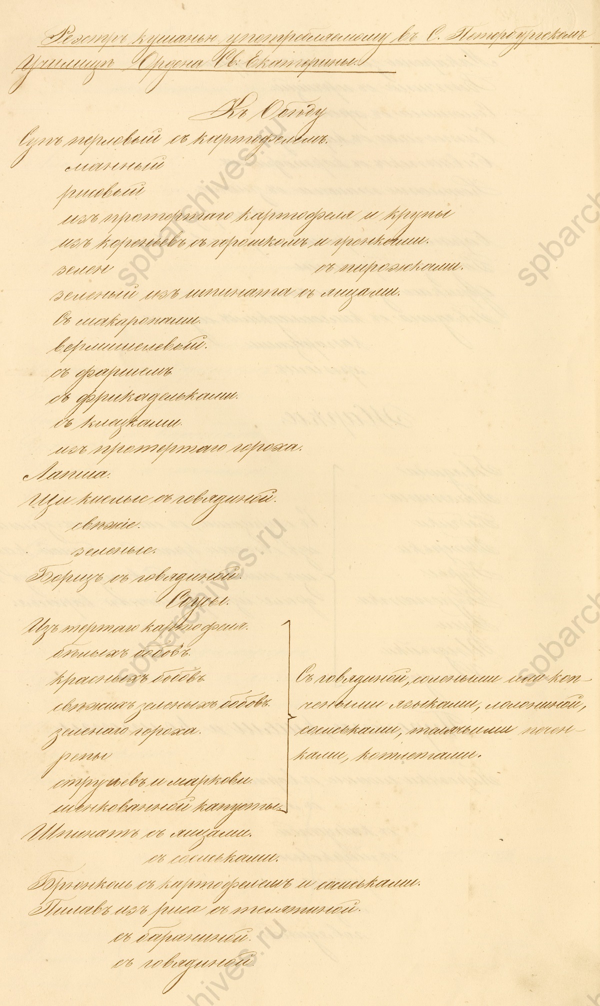 Меню для воспитанниц училища ордена св. Екатерины. 1855. ЦГИА СПб