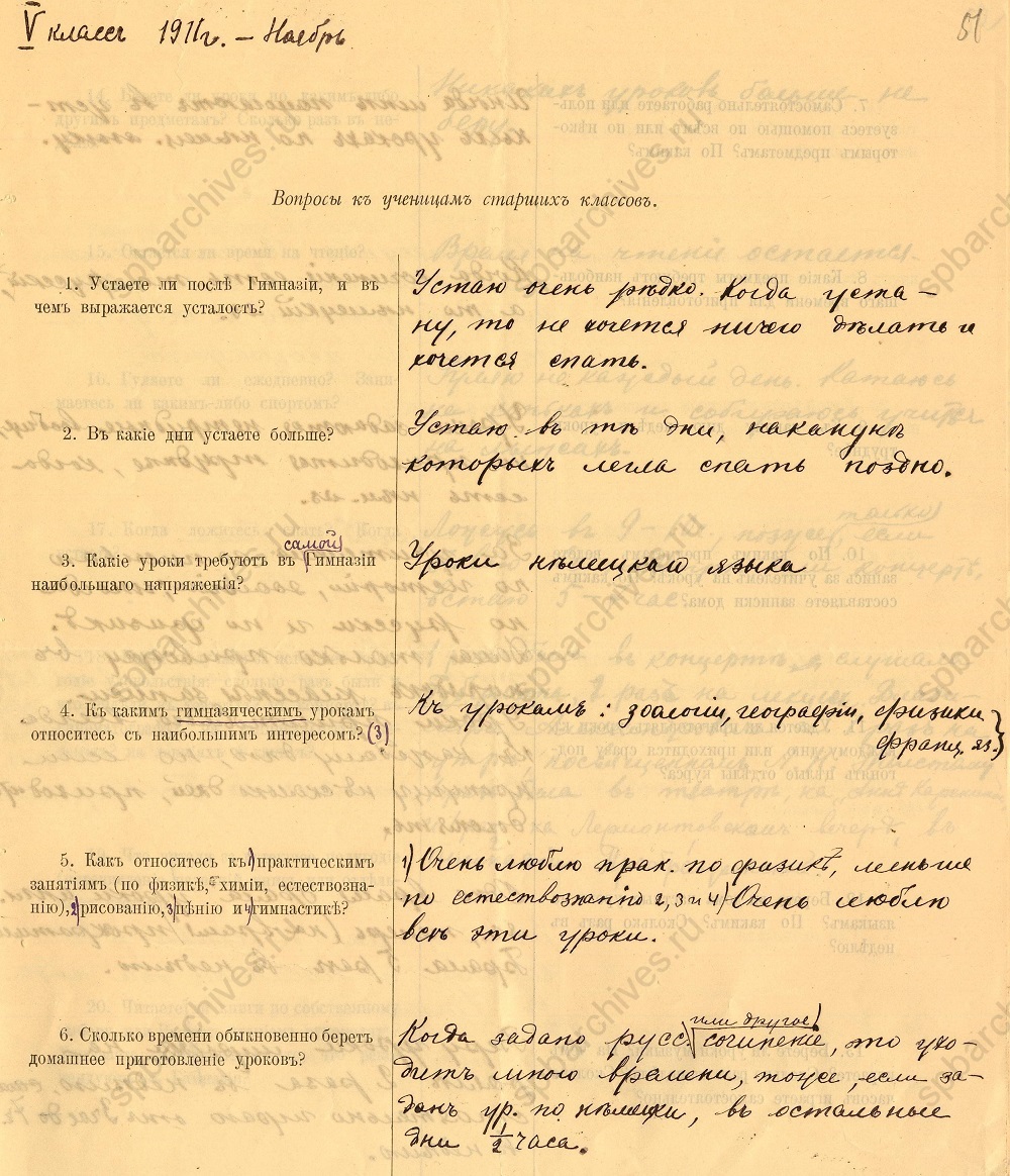 Анкета для учениц V класса женской гимназии М.Н. Стоюниной. 1911. ЦГИА СПб