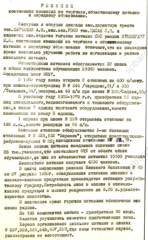 Решение постоянной комиссии по торговле, общественному питанию и народному образованию Невского райисполкома об организации школьного питания. 1969. ЦГА СПб 