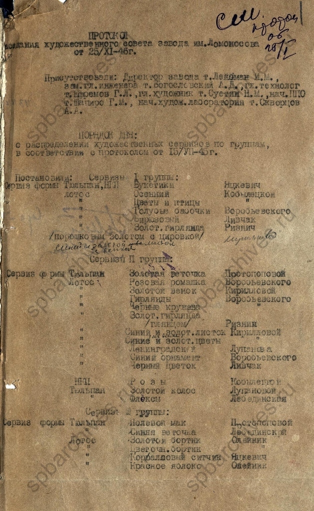 Протокол заседания художественного совета Государственного фарфорового завода им. М.В.Ломоносова о распределении художественных сервизов по группам. 25 ноября 1946 г. ЦГА СПб. Ф. 1181. Оп. 26. Д. 85. Л. 1