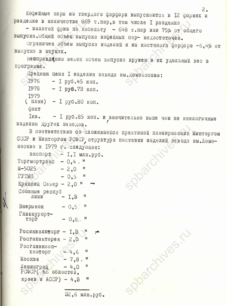 Доклад генерального директора Ленинградского межобластного оптово-розничного объединения В.А.Трепеля в ОК КПСС о производственной программе Ленинградского фарфорового завода им. М.В.Ломоносова на 1979 год. ЦГАИПД СПб. Ф. 24. Оп. 176. Д. 26. Л. 81