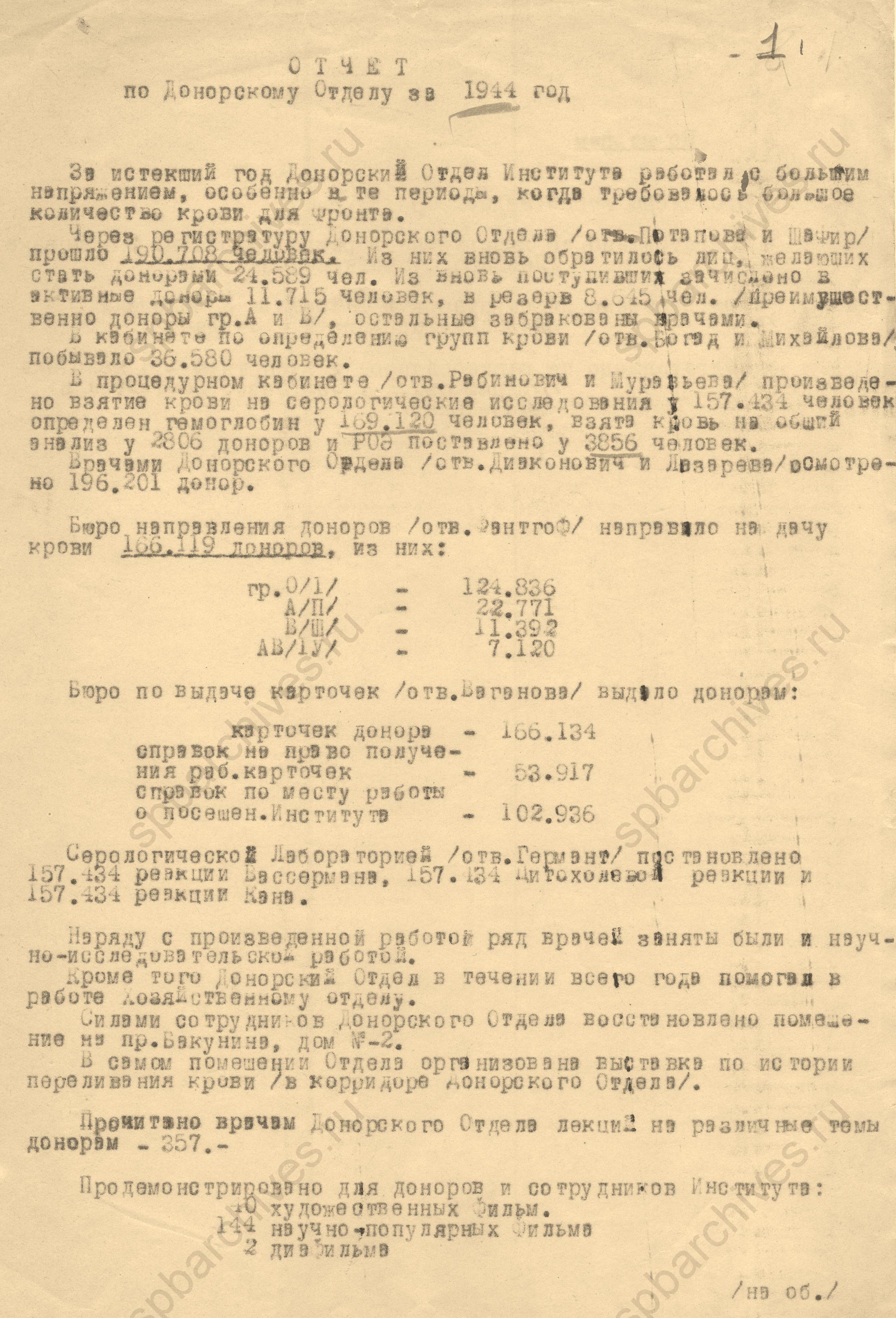 Отчёт по донорскому отделу. 1944 год. ЦГАНТД СПб. Ф.Р-284. Оп.1-3. Д.145а. Л.1