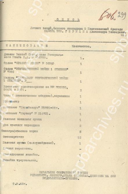 Опись личных вещей погибшего комбрига А.В. Германа. 9 сентября 1943 г. ЦГАИПД СПб. Ф. Р-116Л. Оп. 12. Д. 636. Л. 299