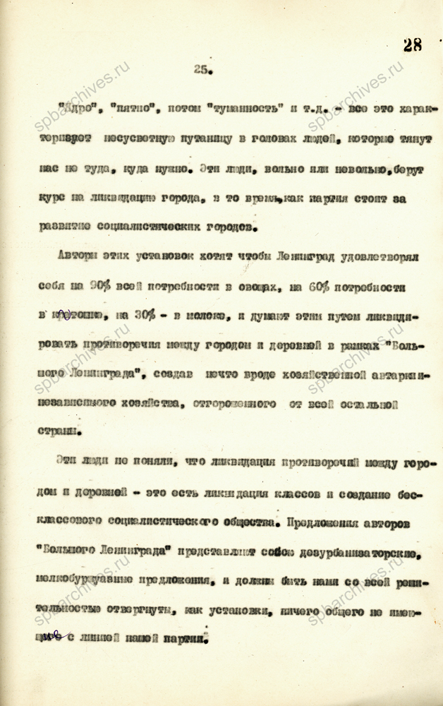 Из стенограммы доклада А.А. Жданова на совместном пленуме Ленинградского горкома ВКП(б) и Ленинградского Совета РК и КД об исходных положениях Генерального плана Ленинграда. 26 августа 1935 г. ЦГАИПД СПб. Ф. 25. Оп. 2. Д. 42. Л. 25-35.